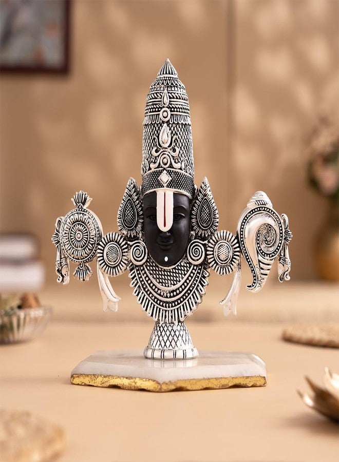 Svastika Tirupati Balaji Face Idol | Antique Silver Plated Venkateswara Murti | Spiritual Resin Idol for Home Temple, Pooja Room & Gift (7 Inch) - Image 1
